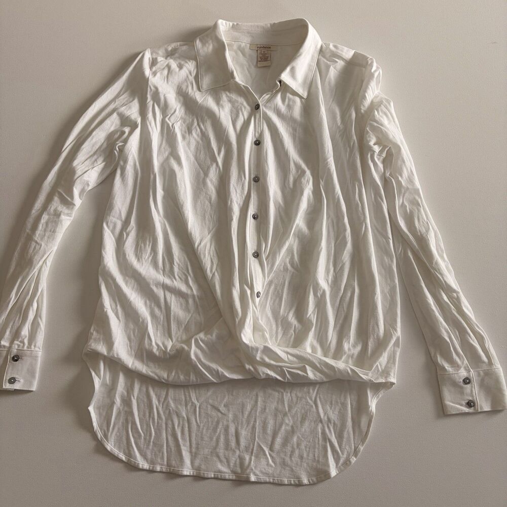 Sundance Shirt Women's Med White Button Up Twist High Low Long Sleeve Cotton